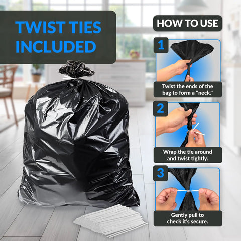 Heavy Duty 45 Gallon Black Trash Bags 38x46 Inches, 250 Count With Twist Ties, showing twist tie instructions