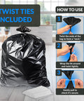 Beefed Up 95 Gallon Black Trash Bags With Twist Ties 68 Count 60x66 Inches Leak Proof Star Seal with instructions on use.