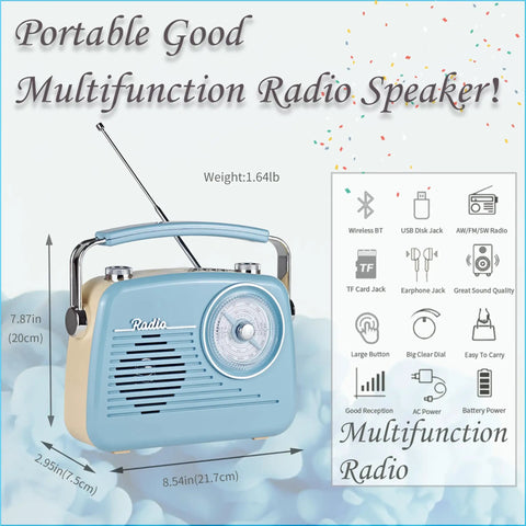 Grab N Go Portable AM FM Shortwave Radio Bluetooth Speaker with dimensions and functions displayed