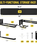 Garage Wall Organizer Kit 15 Pack Heavy Duty Tool Mounts With 675 Pound Capacity, showing 3 wall racks and hooks dimensions