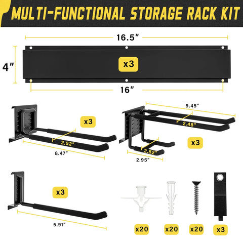 Garage Wall Organizer Kit 15 Pack Heavy Duty Tool Mounts With 675 Pound Capacity, showing 3 wall racks and hooks dimensions