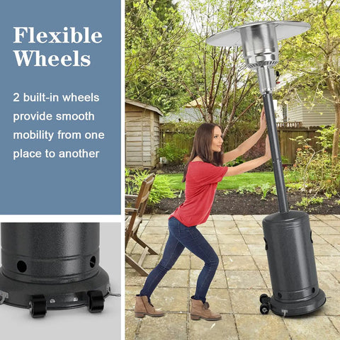 Woman moving Outdoor Patio Heater With 50,000 BTU Propane Heater, Stainless Steel Burner, Wheels, And Triple Protection on patio