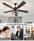 52 Inch Dope Farmhouse Ceiling Fan With Lights And Remote, Rustic Caged Light Fixture, illustrating adjustable wind speeds