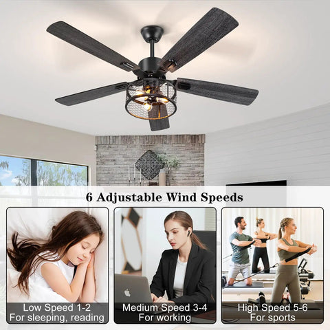 52 Inch Dope Farmhouse Ceiling Fan With Lights And Remote, Rustic Caged Light Fixture, illustrating adjustable wind speeds