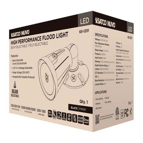 Heavy Duty Led Flood Light Sixteen Pack With Field Selectable 25 20 Or 15 Watts And Adjustable 3000 4000 Or 5000 Kelvin Lighting Delivers 1800 To 3000 Lumens For Outdoor Parking Lots And Job Sites In Matte Black Finish box angle with features and specifications visible.