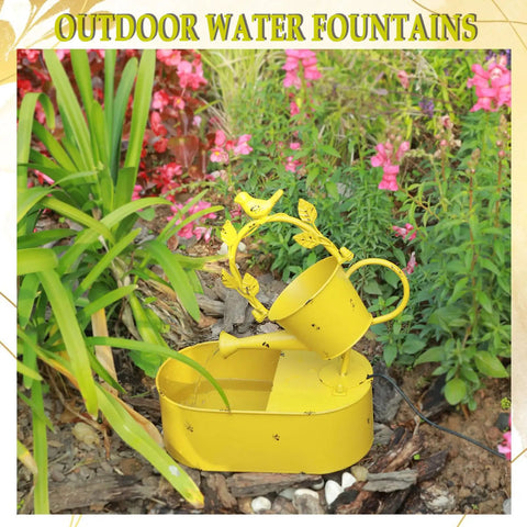Solar Powered Outdoor Water Fountain With Battery Backup For Garden Bird Bath Yard Decor in yellow metal, decorated with leaves.