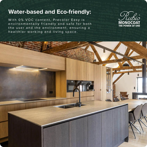 Modern kitchen interior highlighting Intense Black Water Based Wood Stain Pre Treatment For Indoor Use Super Quick Dry Eco Friendly Formula Bonds Perfectly Covers Two Hundred Square Feet Per Liter application on cabinetry and beam ceiling.