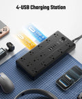10 Ft Heavy Duty Extension Cord With 13 Hella Spacious Ac Outlets And Dual Usb A Type C Fast Charging Rock Solid Surge Protector Power Strip For Gaming Rigs And Dorm Room Setup No Hassle on a desk with electronic devices.