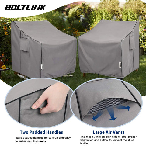 Heavy Duty Waterproof Patio Chair Covers 2 Pack showing padded handles and air vents, fitting chairs up to 36W X 37D X 36H inches.