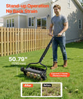 Man using 18 Inch Manual Push Spike Aerator With Four Wheels For Lawn Health, Rolling Lawn Aerator Tool Designed To Deepen Penetration in yard