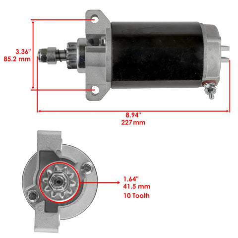 Mercury Marine Outboard Starter Replacement Fits 822462T1 50 30-50 hp engines, side and end view with dimensions.