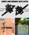 Heavy Duty Gate Latch For Wood Fence Featuring A Self Locking Automatic Release And A Durable Black Coating with installation options.