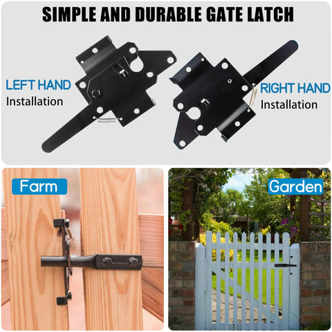 Heavy Duty Gate Latch For Wood Fence Featuring A Self Locking Automatic Release And A Durable Black Coating with installation options.