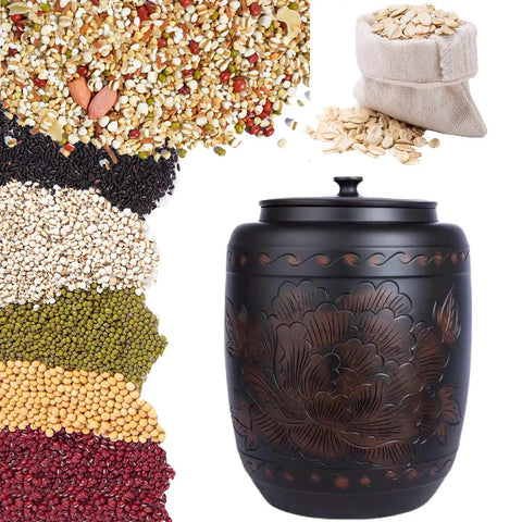 Ceramic Rice Dispenser With Heavy Duty Snap Lid Airtight Bulk Food Storage Container showcasing assorted grains and dried foods.
