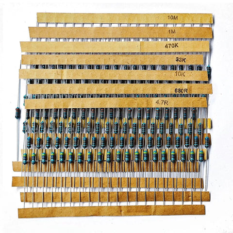 Massive 1000 Pack Metal Film Resistor Kit With 50 Values 0.25W 1% Tolerance resistors laid out showing different ohm values.