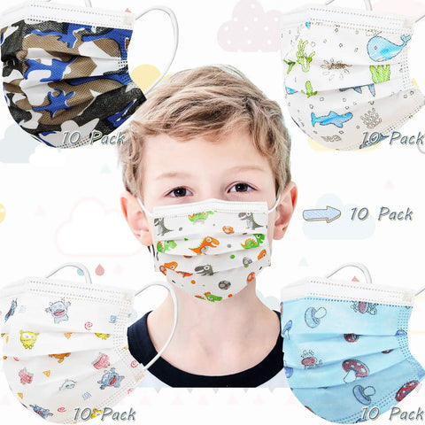 Child wearing Kids Disposable Face Masks 50 Pack For Ages 5 To 12 3 Layer Filtration With Metal Nose Clip Multicolor