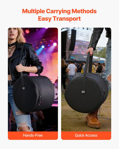 Tour Tough Five Piece Drum Case Set Crafted From Durable 600D Nylon With Heavy Padding For 22 Inch Kick Drum 12 13 16 Inch Toms And 14 Inch Snare Covers showcased in user-friendly carrying methods at a concert.