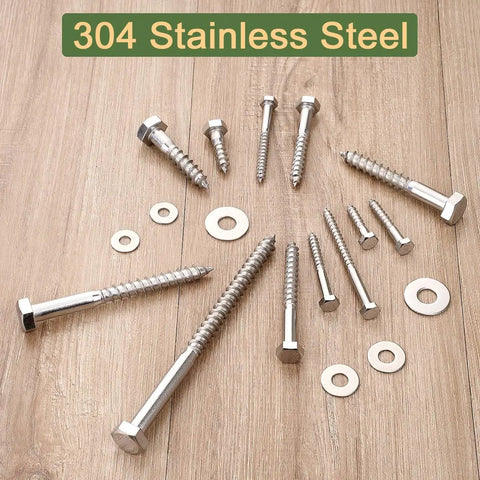 Top Quality 304 Stainless Steel Hex Lag Screws One Quarter Inch By Two Point Five Inches Tough As Nails Rust Resistant Wood Fasteners For Outdoor Decks And Flower Stands Twenty Five Count arranged on a wooden surface.