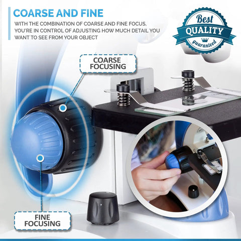 Close-up of fine and coarse focusing knobs on 40X-1000X Dual Light All-Metal Microscope Kit For Students And Kids With Slides.