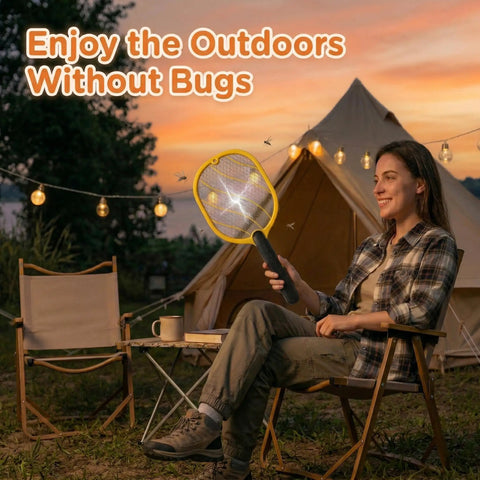 Person using Next Level Handheld Bug Zapper Racket With Batteries Included in outdoor camping setting at dusk