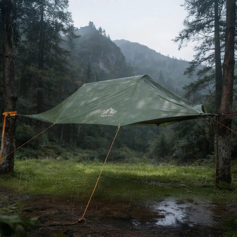 Two Person Triangle Hammock Tent For Easy Lay Flat Comfort With Three Point Setup Including Bug Net And Rainfly in forest