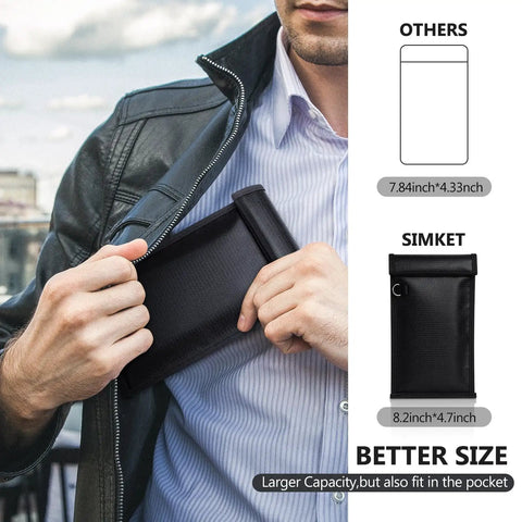 Man inserting phone into Two Pack Military Grade Faraday Bags For Cell Phones And Car Keys, Fireproof Waterproof Signal Blocking Pouches, RFID GPS WIFI NFC Blocker, Anti Tracking Privacy Shield For Daily Travel On The Go, black color, outdoor setting