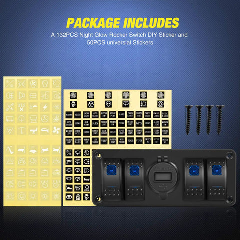 4 Gang Rocker Switch Panel With QC3.0 Dual USB Charger Voltmeter Waterproof Night Glow Stickers 12V-24V DC package