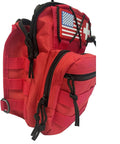 Side view of Ultra Slim EMS Medical Sling Bag, red rugged design, American flag and medic patch visible, perfect for first aid.