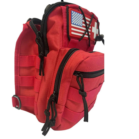 Side view of Ultra Slim EMS Medical Sling Bag, red rugged design, American flag and medic patch visible, perfect for first aid.