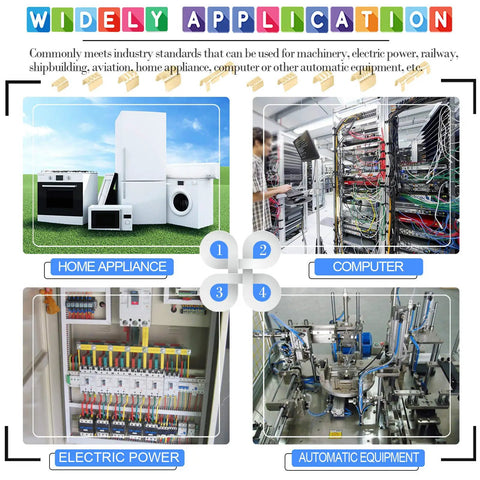 Image showing applications for U Shape Copper Wire Crimp Terminal Kit in home appliances, computers, electric power, and automatic equipment.