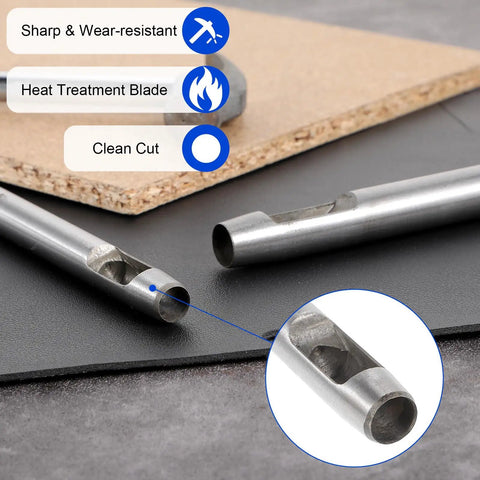 Close-up of Heavy Duty Leather Hole Punch Kit with sharp, heat-treated high carbon steel punches on tabletop, shown with cardboard.