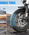Close-up of durable 12-inch tire of the Peak 800W Electric Scooter With Seat For Adults, showing versatility on various terrains.
