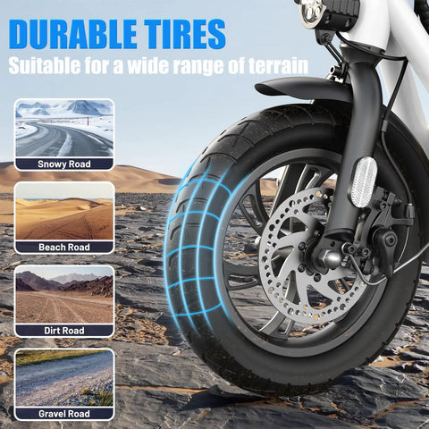 Close-up of durable 12-inch tire of the Peak 800W Electric Scooter With Seat For Adults, showing versatility on various terrains.