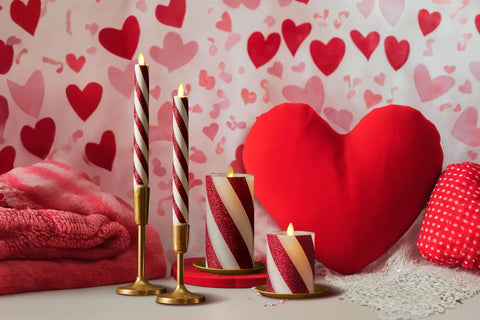 Flameless LED Candy Cane Pillar Candle With Moving Flame, Battery Operated 6.5 Inch Red Glitter Stripe, Unscented Indoor Safe in decor setup