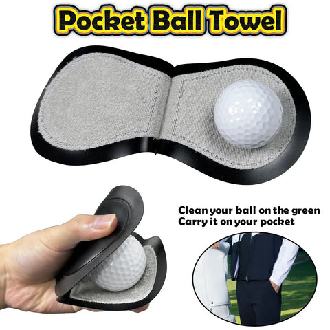 Pocket ball towel with golf ball insert, cloth interior, and hand holding the compact case, suitable for carrying on clothing.