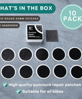 Top view of Bike Puncture Repair Kit With Self Adhesive Tire Patches For Road MTB BMX And EBikes Travel Size Patch Kit In 10 Pack.