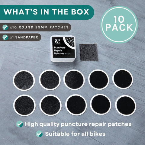 Top view of Bike Puncture Repair Kit With Self Adhesive Tire Patches For Road MTB BMX And EBikes Travel Size Patch Kit In 10 Pack.
