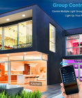 Modern house exterior with 6 Inch Smart Recessed Lighting Kit with WiFi LED ceiling lights in living room, kitchen, and study room.