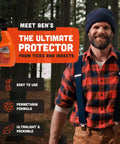 Man in forest with Ben's insect repellent bottle, highlighting protection and permethrin formula, outdoors.
