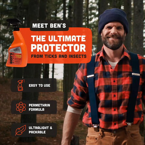 Man in forest with Ben's insect repellent bottle, highlighting protection and permethrin formula, outdoors.