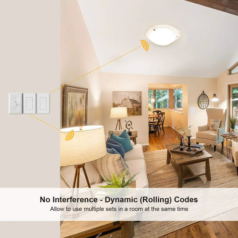 Wireless Remote Light Switch Kit With 100 Ft RF Range No Wiring No WiFi Needed Pre Programmed Expandable Wall Switch in living room