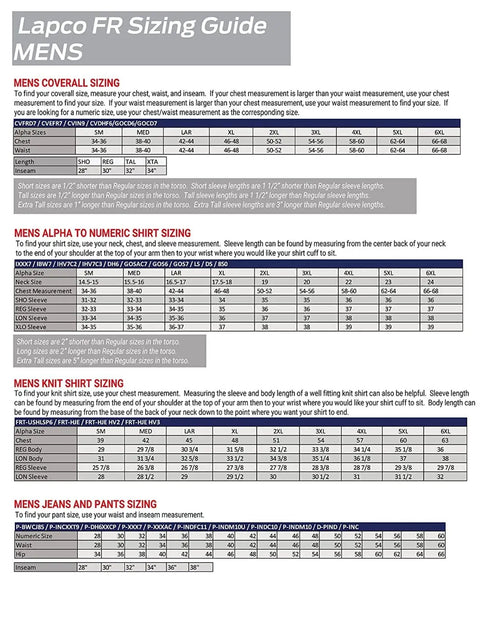 Lapco FR Sizing Guide for Mens Flame Resistant Work Shirt with breathable Westex DH Air fabric.