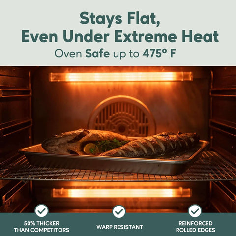 Quarter Sheet Pan With Wire Rack Set For Oven Use, baking bread at 475°F showing durability and heat resistance in oven