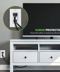Surge Protector Receptacle With Grounding Indicator And Tamper Resistant Safety, 900 Joule Rating installed beside a TV unit.