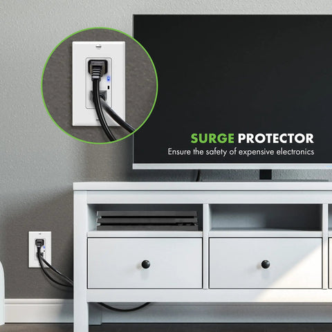 Surge Protector Receptacle With Grounding Indicator And Tamper Resistant Safety, 900 Joule Rating installed beside a TV unit.