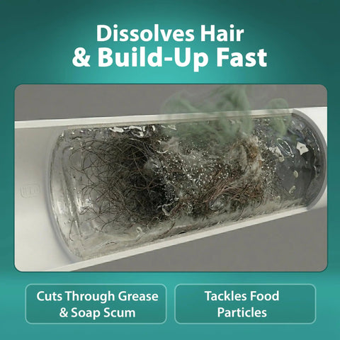 Clogged drain with hair and buildup dissolving, showing effectiveness of 15 Minute Drain Cleaner Gel That Tackles Stubborn Clogs Fast Acting