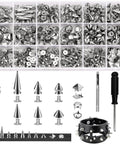 455 Piece Punk Studs Kit For Clothing And Accessories With Metal Spikes And Leather Rivets DIY Punk Style Decoration Clothes Shoes Belts And Dog Collars Includes Cone And Pyramid Studs Round Dome Rivets With Puncher Awl Screwdriver And Storage Box featuring metal studs, spikes, tools, and black leather bracelet.