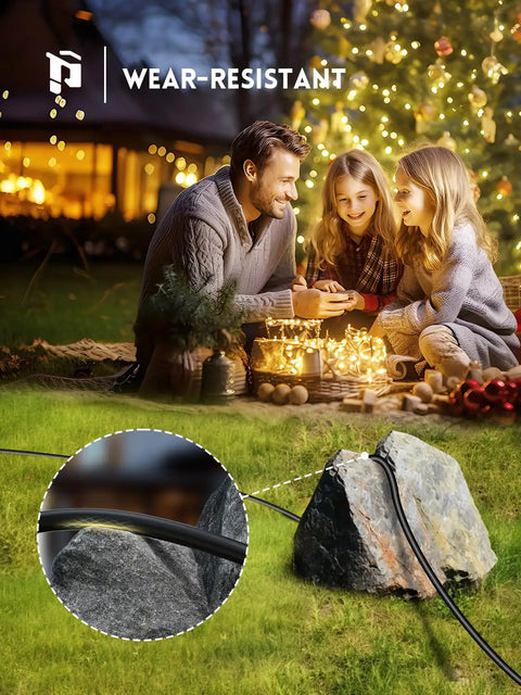 Outdoor Extension Cord With One To Three Outlet Splitter Built Tough All Weather 16 Gauge Three Conductor SJTW Waterproof Cable 125 Volt 13 Amp ETL Listed For Indoor And Outdoor Use shown in a garden setting with Christmas lights.