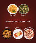5-in-1 functionality of Top Rated Air Fryer With Four In One Cooking Functions For Crispy Roasting with various cooked foods.