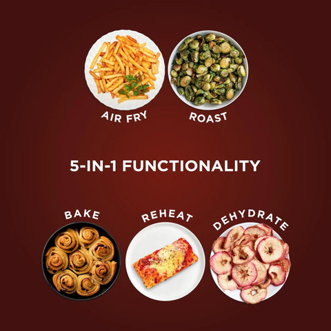 5-in-1 functionality of Top Rated Air Fryer With Four In One Cooking Functions For Crispy Roasting with various cooked foods.